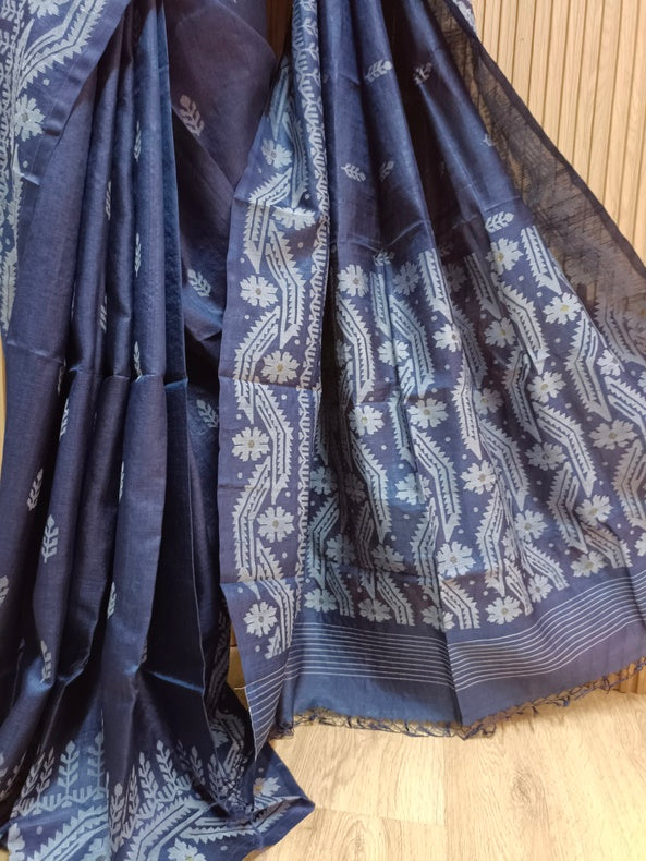 Indigo & White Handloom Tussar Silk Saree with Traditional Jamdani Weave Balaram Saha