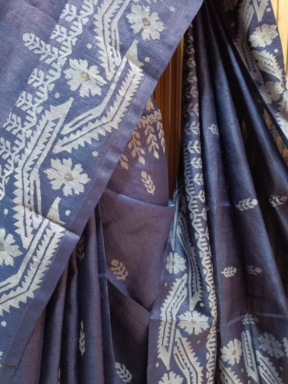 Indigo & White Handloom Tussar Silk Saree with Traditional Jamdani Weave Balaram Saha