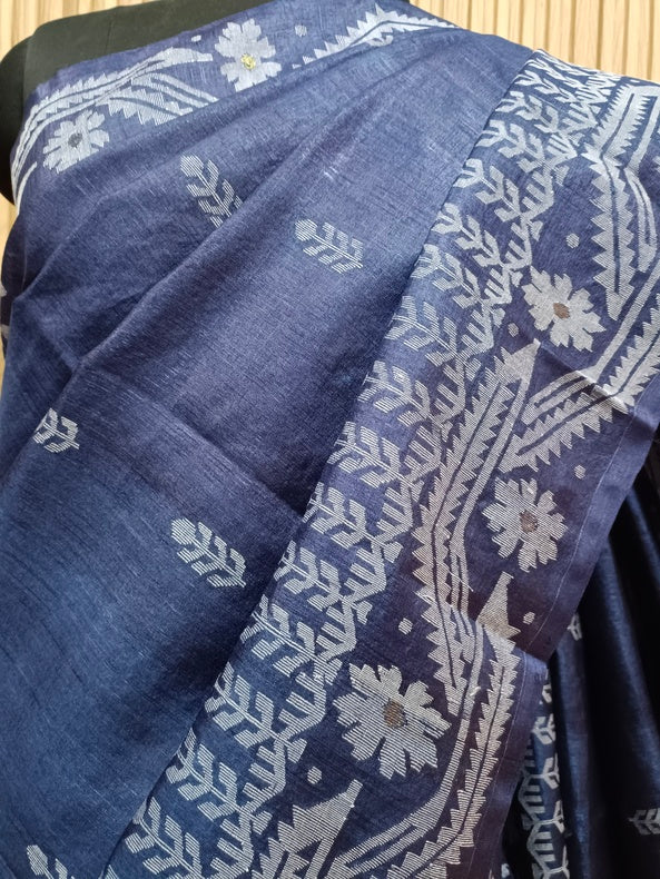 Indigo & White Handloom Tussar Silk Saree with Traditional Jamdani Weave Balaram Saha