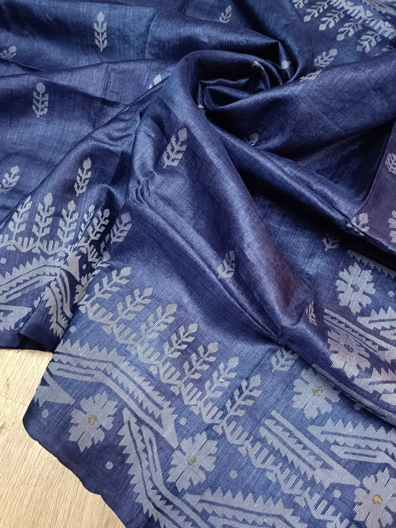 Indigo & White Handloom Tussar Silk Saree with Traditional Jamdani Weave Balaram Saha