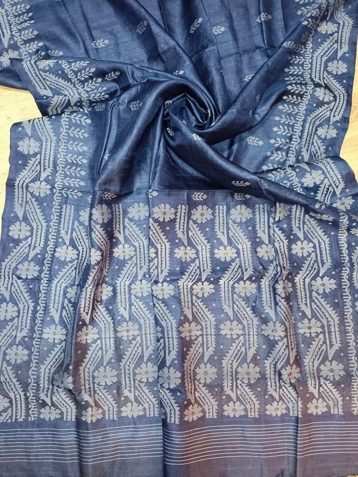 Indigo & White Handloom Tussar Silk Saree with Traditional Jamdani Weave Balaram Saha