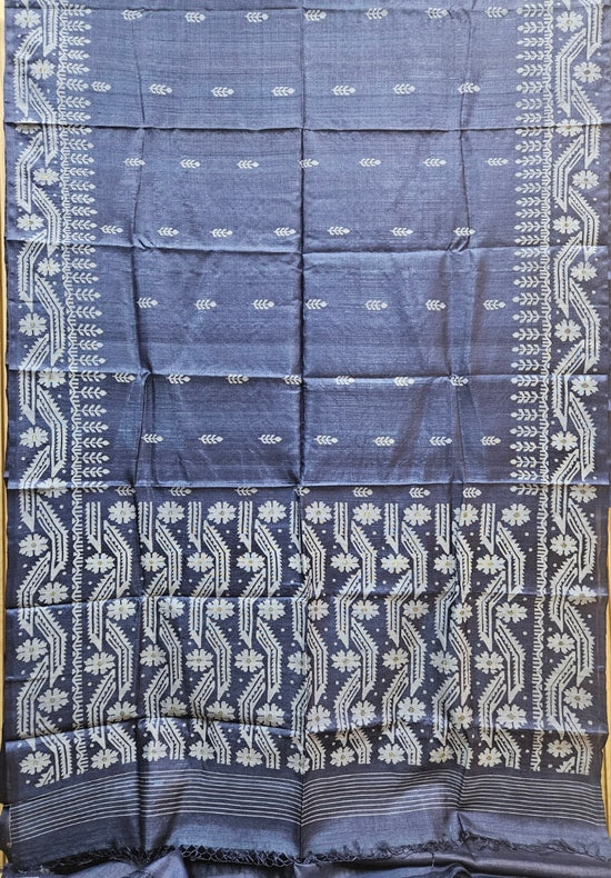 Indigo & White Handloom Tussar Silk Saree with Traditional Jamdani Weave Balaram Saha
