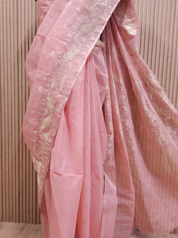 Balaram Saha: A Masterpiece in Light Pink & White Bangladesh Cotton Jamdani Saree Balaram Saha
