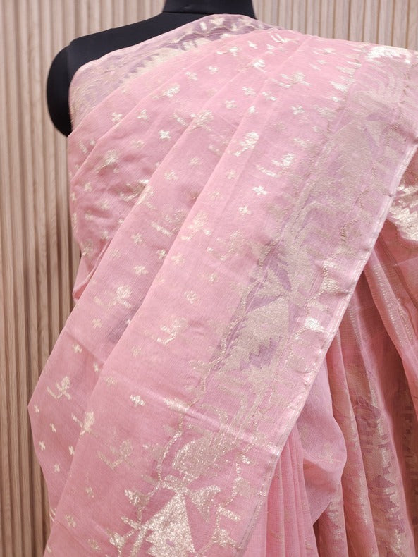 Balaram Saha: A Masterpiece in Light Pink & White Bangladesh Cotton Jamdani Saree Balaram Saha