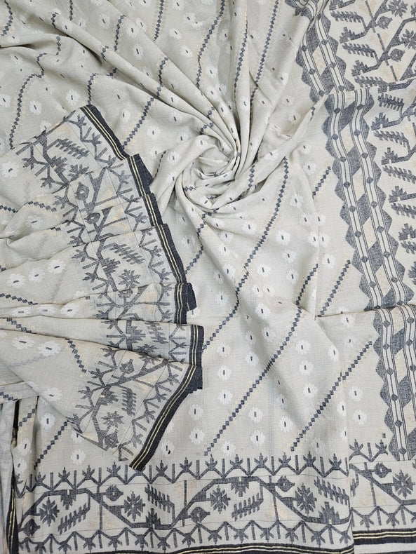 Elegant Light Dusty Green Handspun Cotton Handwoven Jamdani Saree Balaram Saha