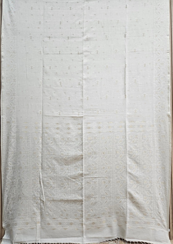 Off-White Handwoven Handspun Cotton Jamdani Saree with White & Gold Zari Geometric Border Balaram Saha