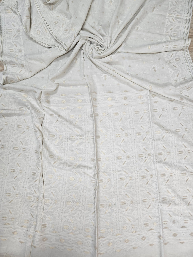 Off-White Handwoven Handspun Cotton Jamdani Saree with White & Gold Zari Geometric Border Balaram Saha