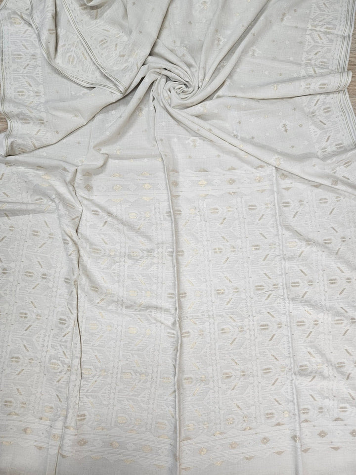 Off-White Handwoven Handspun Cotton Jamdani Saree with White & Gold Zari Geometric Border Balaram Saha