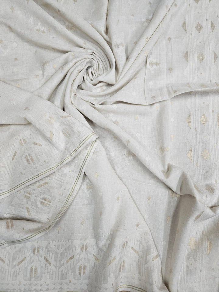 Off-White Handwoven Handspun Cotton Jamdani Saree with White & Gold Zari Geometric Border Balaram Saha