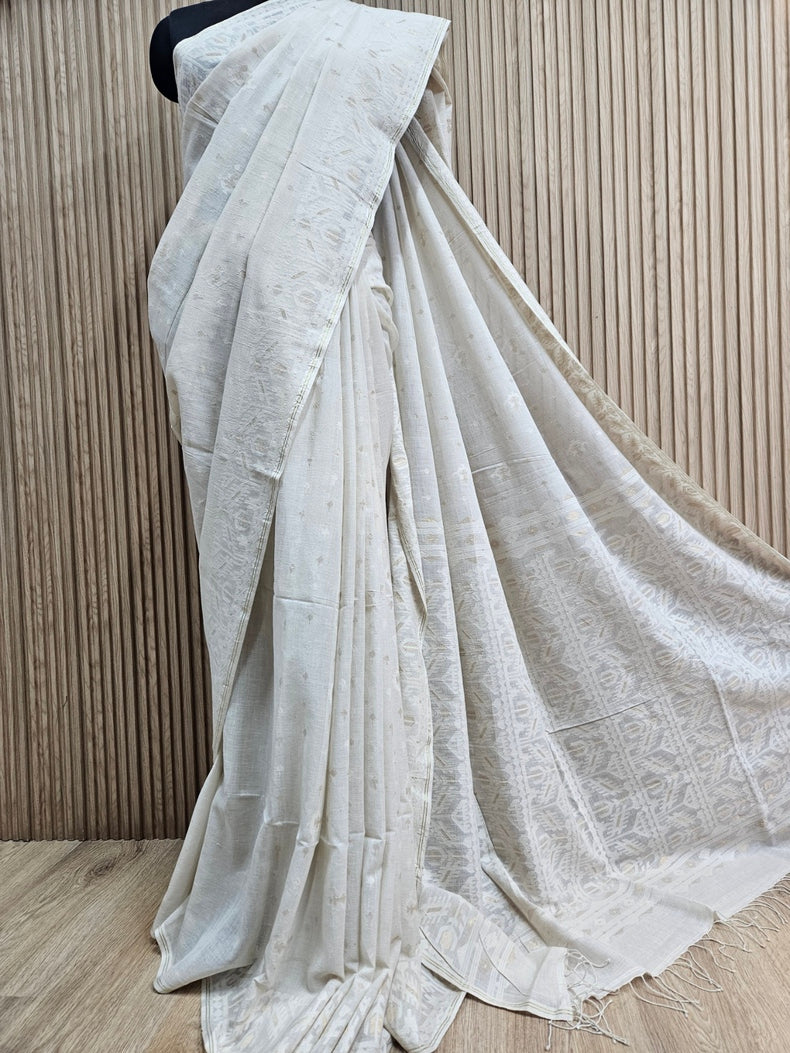 Off-White Handwoven Handspun Cotton Jamdani Saree with White & Gold Zari Geometric Border Balaram Saha