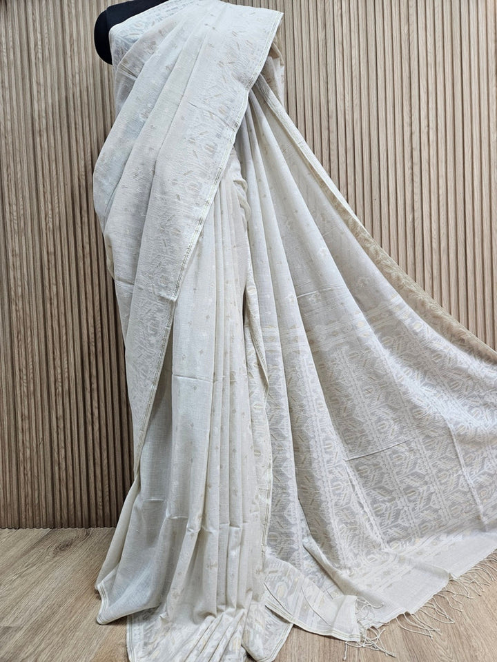 Off-White Handwoven Handspun Cotton Jamdani Saree with White & Gold Zari Geometric Border Balaram Saha