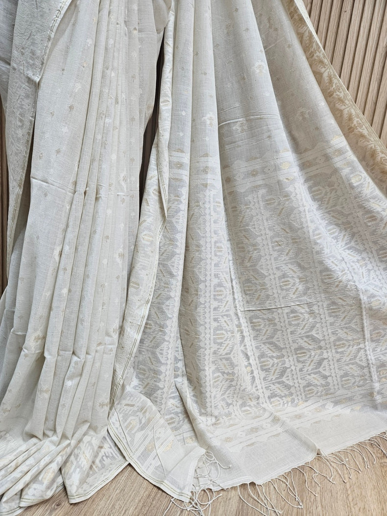 Off-White Handwoven Handspun Cotton Jamdani Saree with White & Gold Zari Geometric Border Balaram Saha