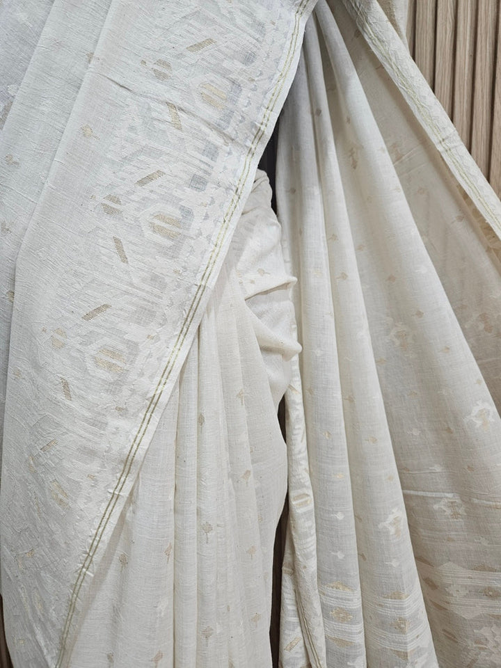 Off-White Handwoven Handspun Cotton Jamdani Saree with White & Gold Zari Geometric Border Balaram Saha