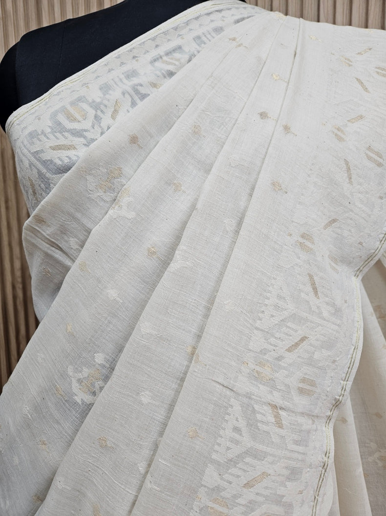 Off-White Handwoven Handspun Cotton Jamdani Saree with White & Gold Zari Geometric Border Balaram Saha