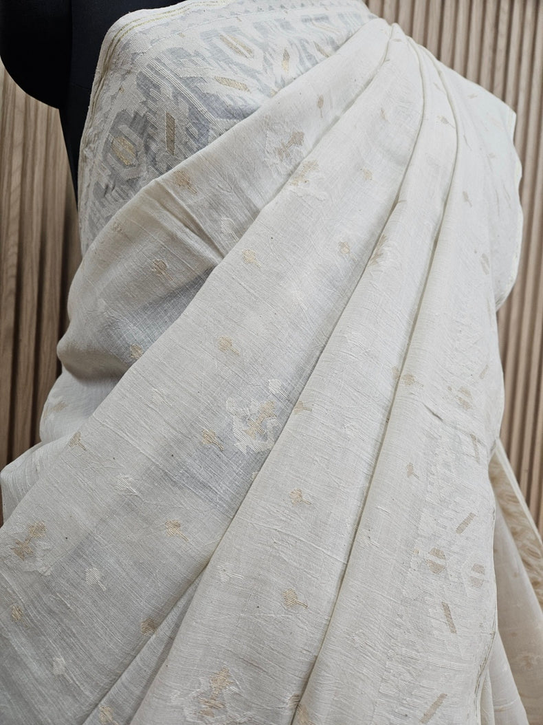 Off-White Handwoven Handspun Cotton Jamdani Saree with White & Gold Zari Geometric Border Balaram Saha