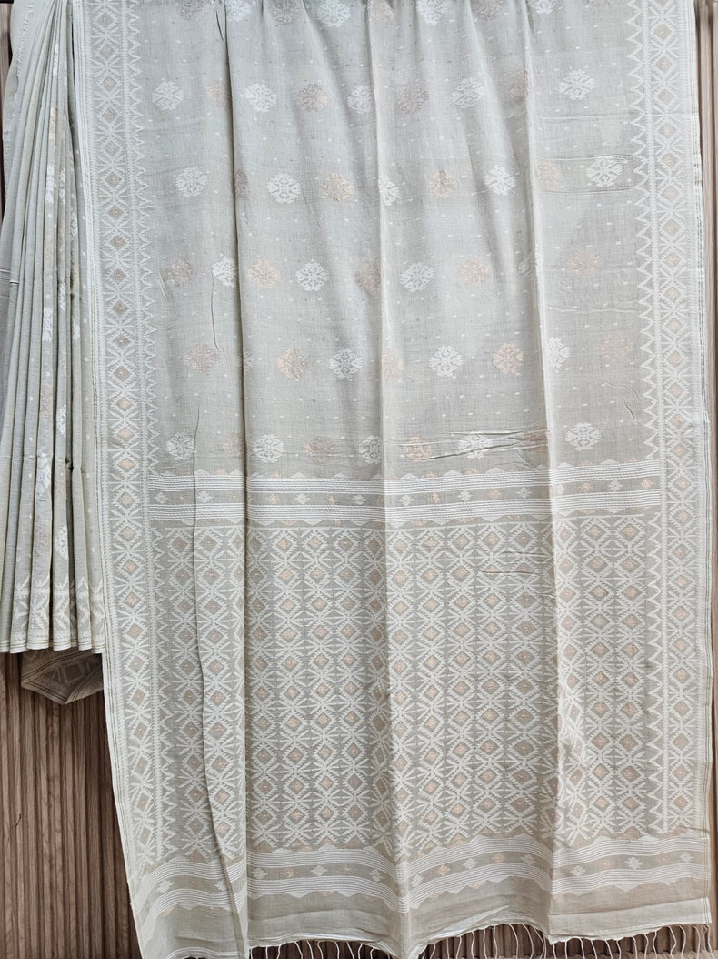 Light Dusty Green on White Handspun Handwoven Cotton Jamdani Saree with White & Gold Woven Balaram Saha