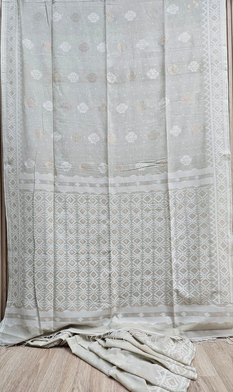 Light Dusty Green on White Handspun Handwoven Cotton Jamdani Saree with White & Gold Woven Balaram Saha