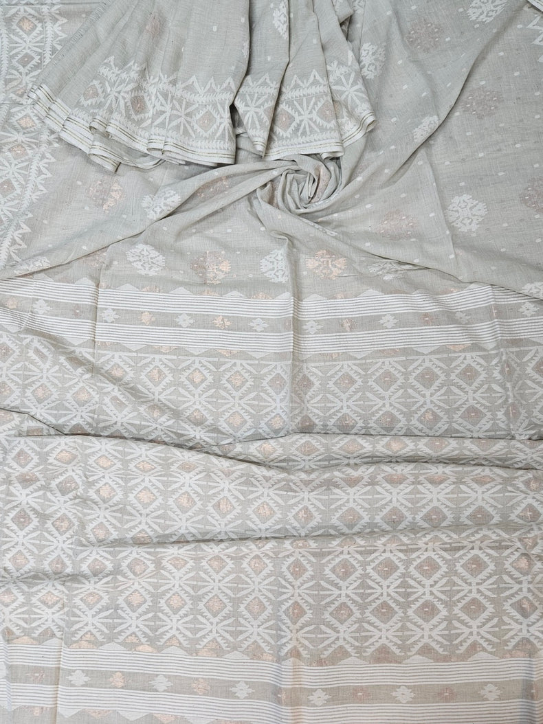 Light Dusty Green on White Handspun Handwoven Cotton Jamdani Saree with White & Gold Woven Balaram Saha