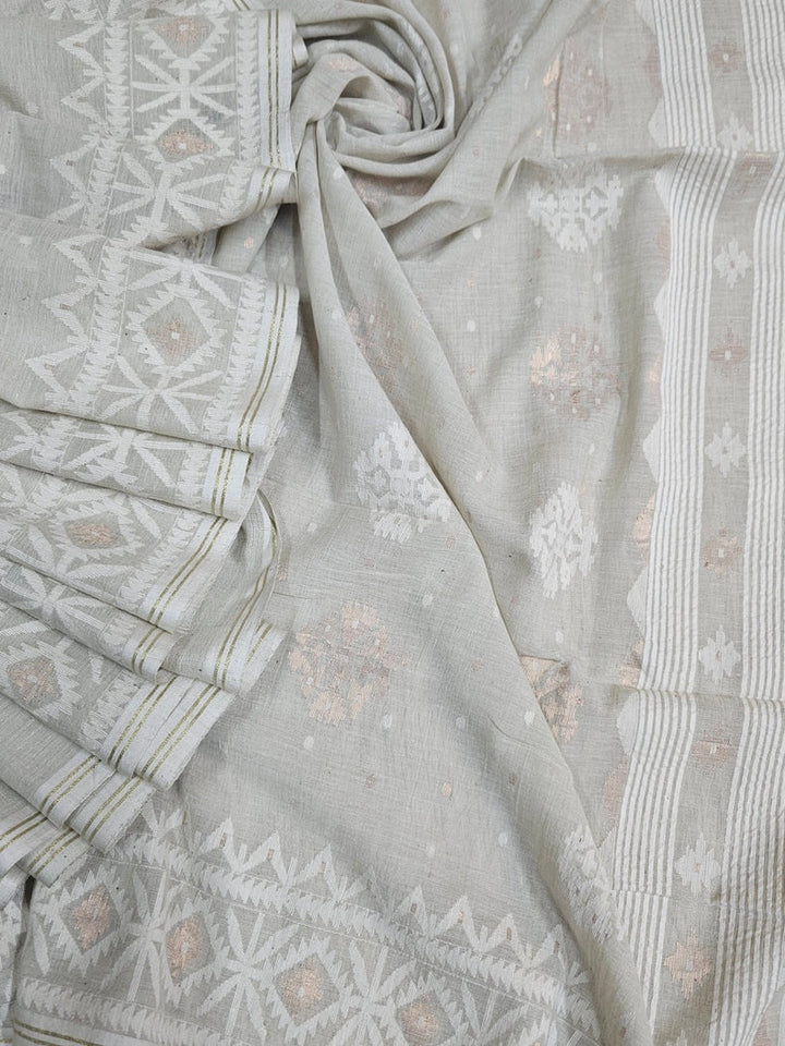 Light Dusty Green on White Handspun Handwoven Cotton Jamdani Saree with White & Gold Woven Balaram Saha