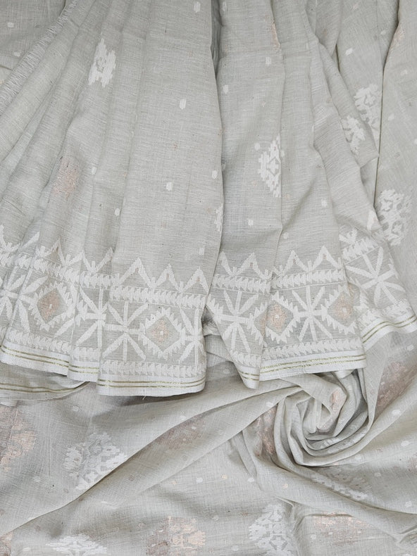 Light Dusty Green on White Handspun Handwoven Cotton Jamdani Saree with White & Gold Woven Balaram Saha