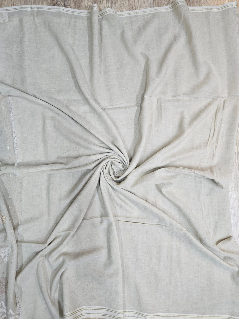 Light Dusty Green on White Handspun Handwoven Cotton Jamdani Saree with White & Gold Woven Balaram Saha