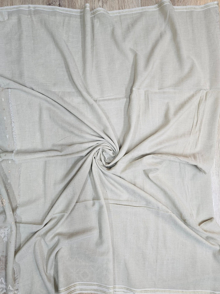 Light Dusty Green on White Handspun Handwoven Cotton Jamdani Saree with White & Gold Woven Balaram Saha