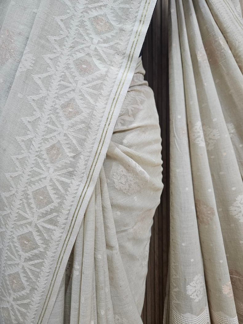 Light Dusty Green on White Handspun Handwoven Cotton Jamdani Saree with White & Gold Woven Balaram Saha