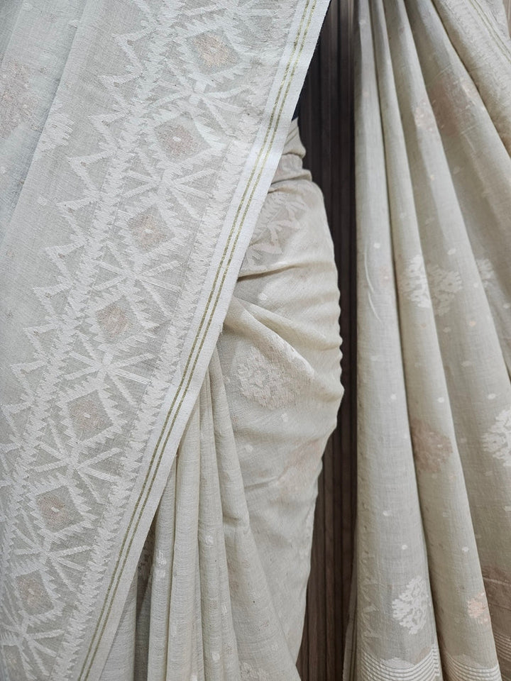 Light Dusty Green on White Handspun Handwoven Cotton Jamdani Saree with White & Gold Woven Balaram Saha