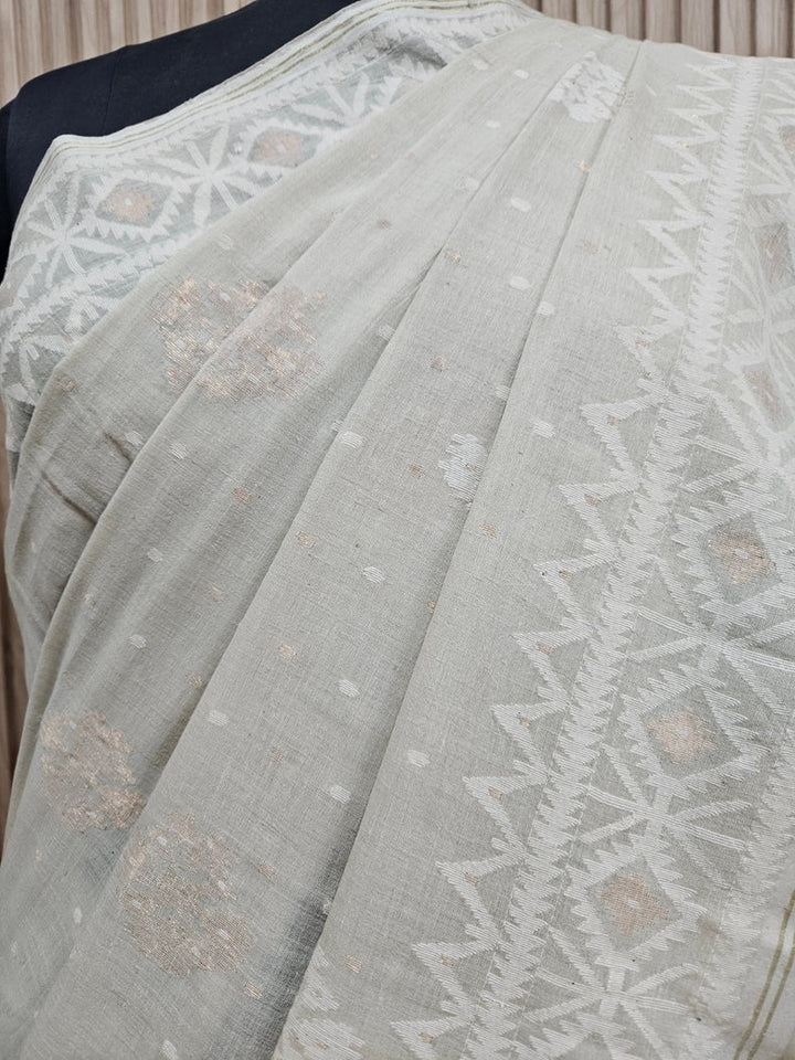 Light Dusty Green on White Handspun Handwoven Cotton Jamdani Saree with White & Gold Woven Balaram Saha