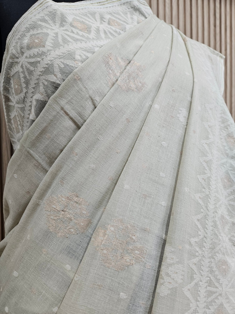 Light Dusty Green on White Handspun Handwoven Cotton Jamdani Saree with White & Gold Woven Balaram Saha