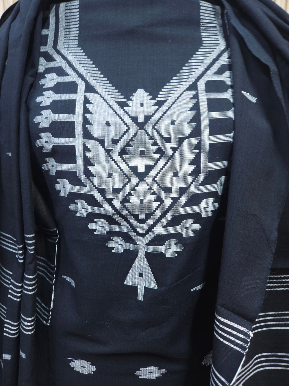 Black & White Handwoven Cotton Jamdani 3-piece Kurta Set Balaram Saha