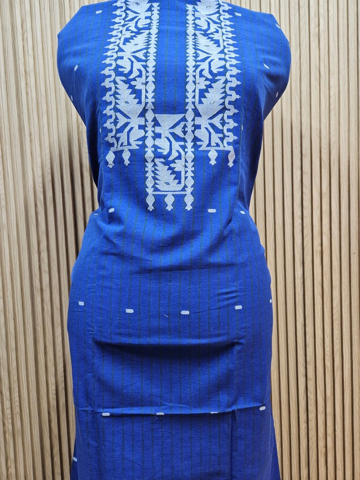 Unisex  Blue & White Handwoven Cotton Jamdani Kurta Piece by Balaram Saha Balaram Saha