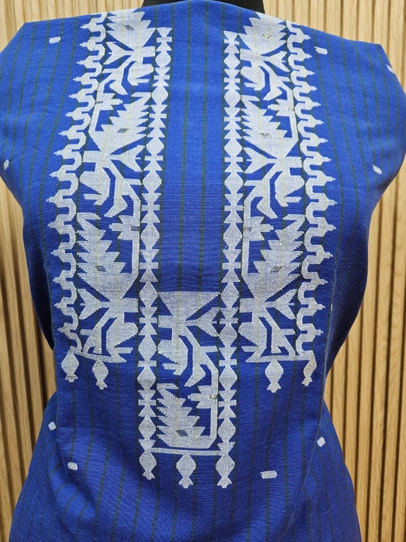 Unisex  Blue & White Handwoven Cotton Jamdani Kurta Piece by Balaram Saha Balaram Saha