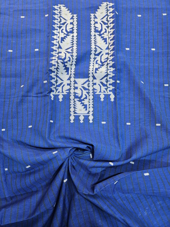 Unisex  Blue & White Handwoven Cotton Jamdani Kurta Piece by Balaram Saha Balaram Saha