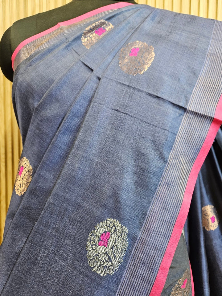 Blue Handloom Katan Silk Saree with Pink & Zari Stripes Border and Floral Woven Motifs Balaram Saha