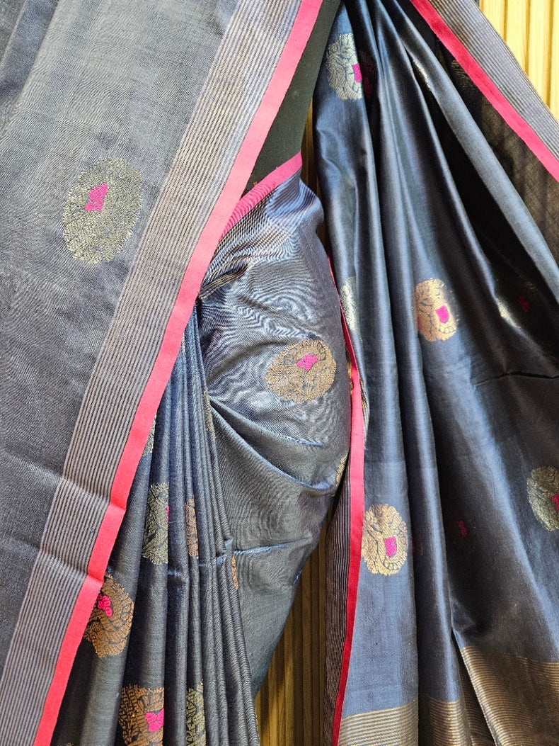 Blue Handloom Katan Silk Saree with Pink & Zari Stripes Border and Floral Woven Motifs Balaram Saha