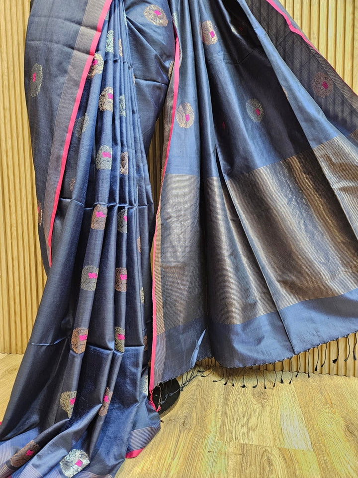 Blue Handloom Katan Silk Saree with Pink & Zari Stripes Border and Floral Woven Motifs Balaram Saha
