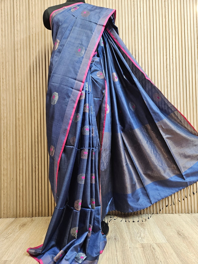 Blue Handloom Katan Silk Saree with Pink & Zari Stripes Border and Floral Woven Motifs Balaram Saha