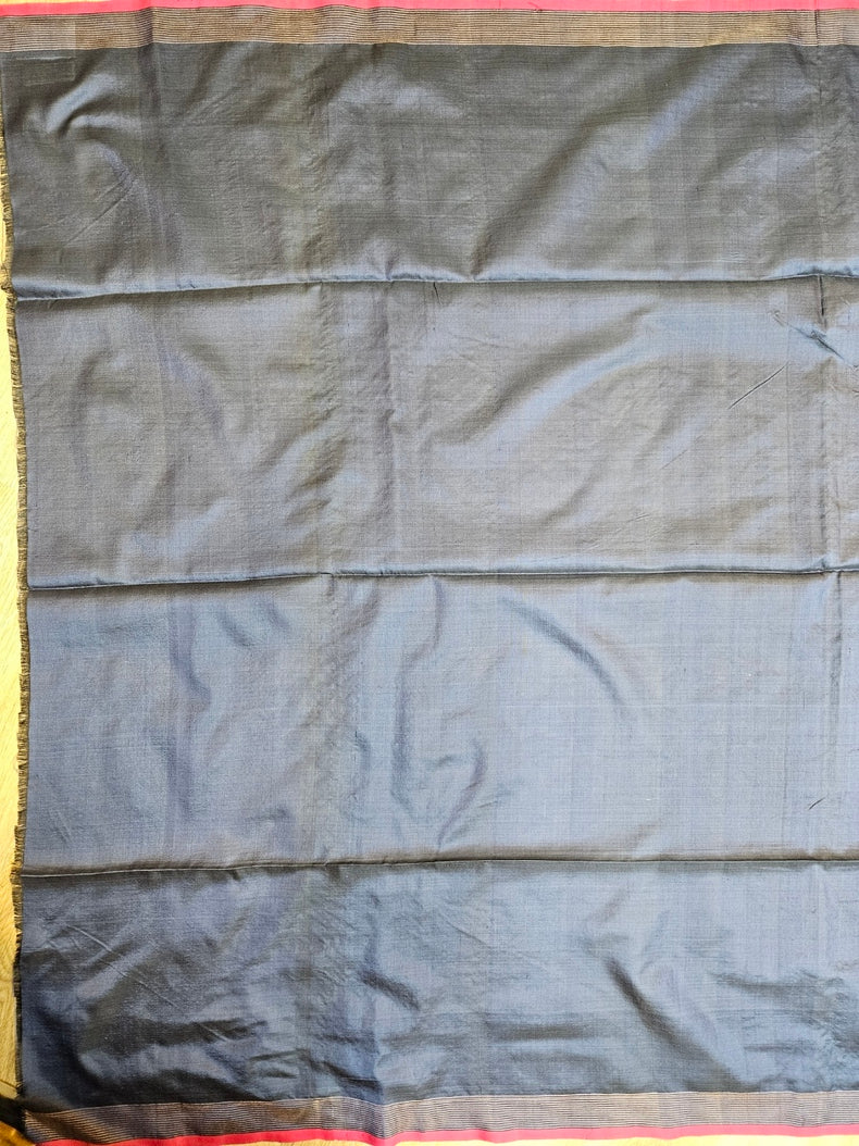 Blue Handloom Katan Silk Saree with Pink & Zari Stripes Border and Floral Woven Motifs Balaram Saha