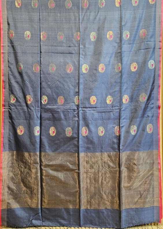 Blue Handloom Katan Silk Saree with Pink & Zari Stripes Border and Floral Woven Motifs Balaram Saha