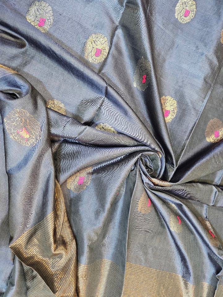 Blue Handloom Katan Silk Saree with Pink & Zari Stripes Border and Floral Woven Motifs Balaram Saha