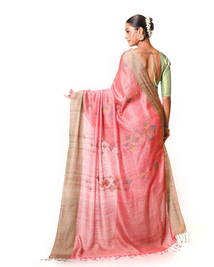 Rose Pink & Green Handloom Matka Silk Saree with Geometric Jamdani Motifs & Sequin Weave Balaram Saha