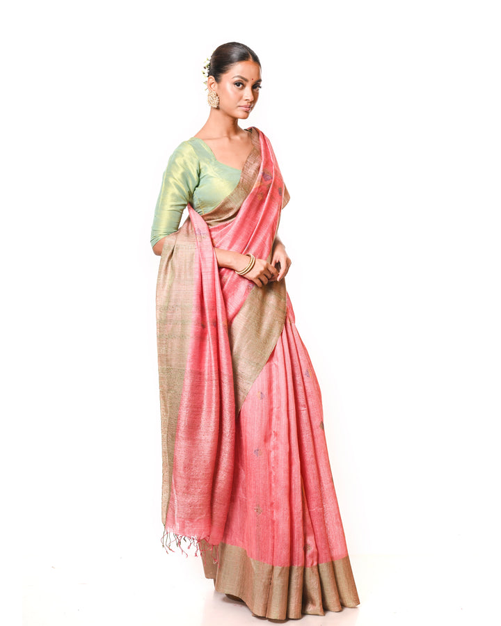 Rose Pink & Green Handloom Matka Silk Saree with Geometric Jamdani Motifs & Sequin Weave Balaram Saha