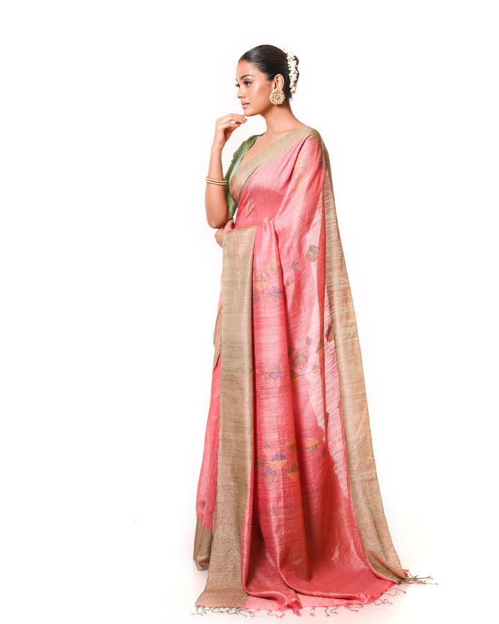 Rose Pink & Green Handloom Matka Silk Saree with Geometric Jamdani Motifs & Sequin Weave Balaram Saha
