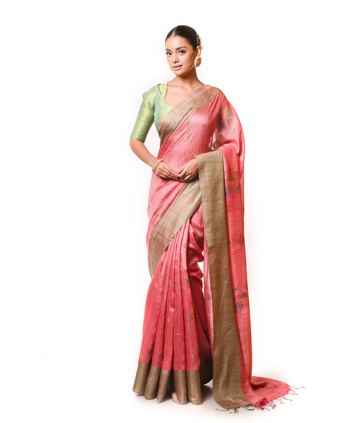 Rose Pink & Green Handloom Matka Silk Saree with Geometric Jamdani Motifs & Sequin Weave Balaram Saha