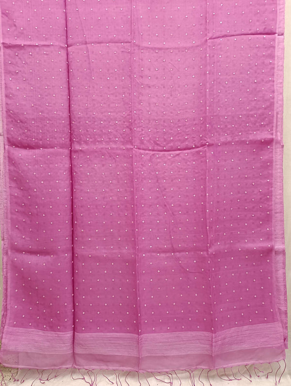 Pink Handloom Matka Muslin Silk Saree with white Sequin Weave. Balaram Saha