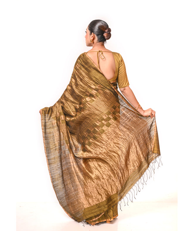 Mehendi Green Handloom Matka Silk Saree with Gold Zari Squares & Stripes Balaram Saha