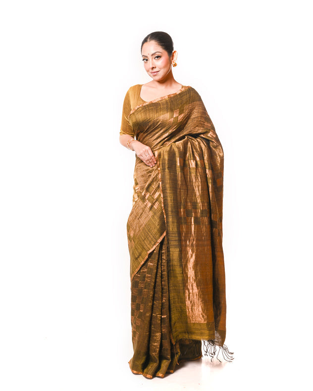 Mehendi Green Handloom Matka Silk Saree with Gold Zari Squares & Stripes Balaram Saha