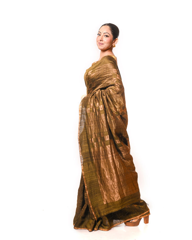 Mehendi Green Handloom Matka Silk Saree with Gold Zari Squares & Stripes Balaram Saha