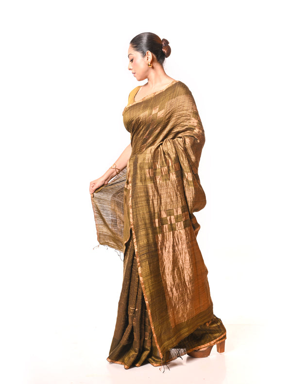 Mehendi Green Handloom Matka Silk Saree with Gold Zari Squares & Stripes Balaram Saha
